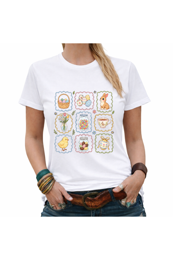Easter Bunny Chick Egg Basket Vintage Graphic Tees Womans Tshirt Shirts White/Black S-5XL Tops