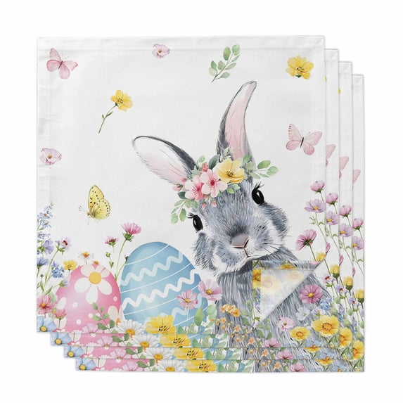 Easter Bunny Cloth Napkins, Blue Easter Eggs Spring Floral Butterflies Washable and Reusable Dinner Napkins Set of 4, Table Napkin for Kitchen Party Birthday Wedding Hotel Housewarming 20"x20"