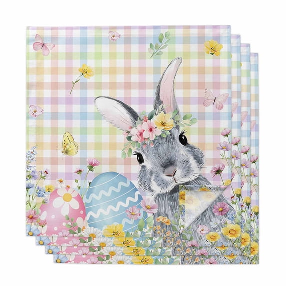 Easter Bunny Cloth Napkins, Blue Easter Eggs Spring Floral Colorful Plaid Washable and Reusable Dinner Napkins Set of 4, Table Napkin for Kitchen Party Birthday Wedding Hotel Housewarming 20"x20"