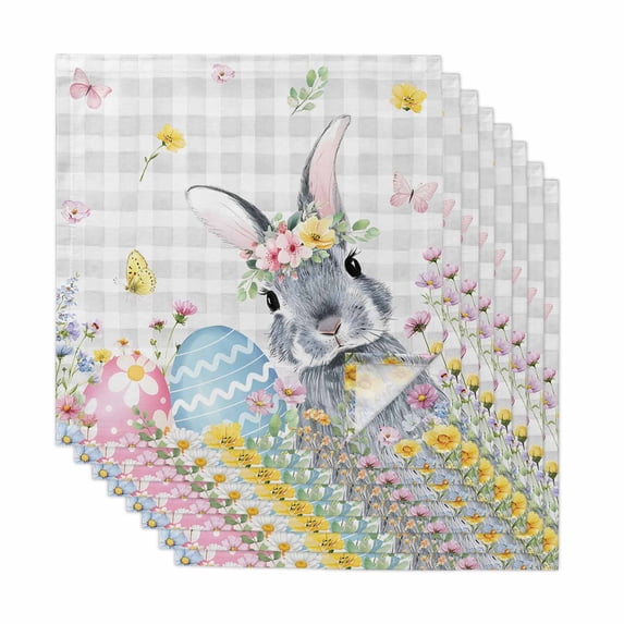Easter Bunny Cloth Napkins, Blue Easter Eggs Spring Floral Grey Plaid Washable and Reusable Dinner Napkins Set of 8, Table Napkin for Kitchen Party Birthday Wedding Hotel Housewarming 20"x20"