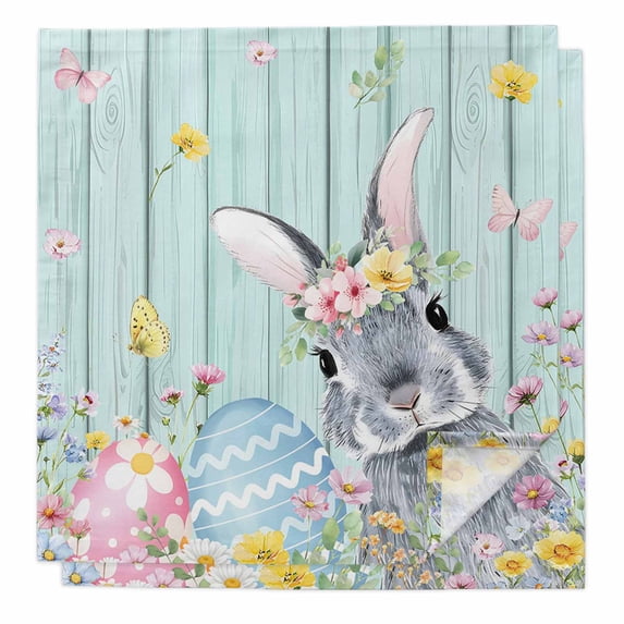 Easter Bunny Cloth Napkins, Blue Easter Eggs Spring Floral Teal Wooden Washable and Reusable Dinner Napkins Set of 2, Table Napkin for Kitchen Party Birthday Wedding Hotel Housewarming 20"x20"