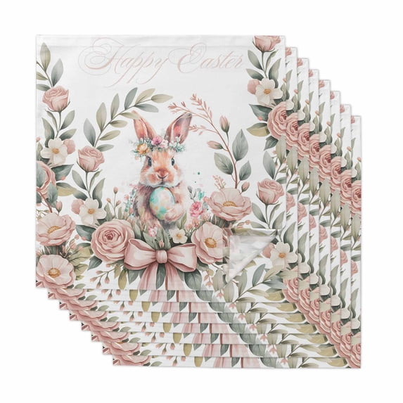 Easter Bunny Cloth Napkins, Cute Rabbit Rose Floral Pastoral Leaves Plants Washable and Reusable Dinner Napkins Set of 8, Table Napkin for Kitchen Party Birthday Wedding Hotel Housewarming 20"x20"
