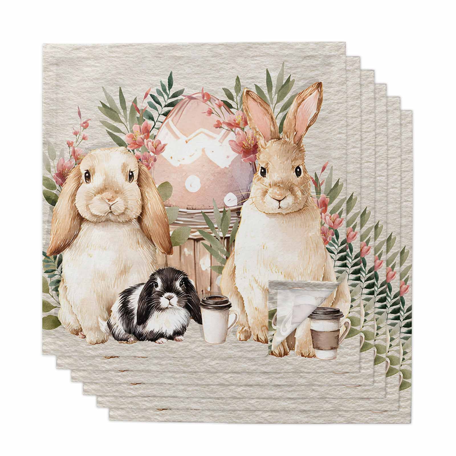 Easter Bunny Cloth Napkins, Eggs Green Leaves Country Flowers Cups Washable and Reusable Dinner Napkins Set of 6, Table Napkin for Kitchen Party Birthday Wedding Hotel Housewarming 20"x20"