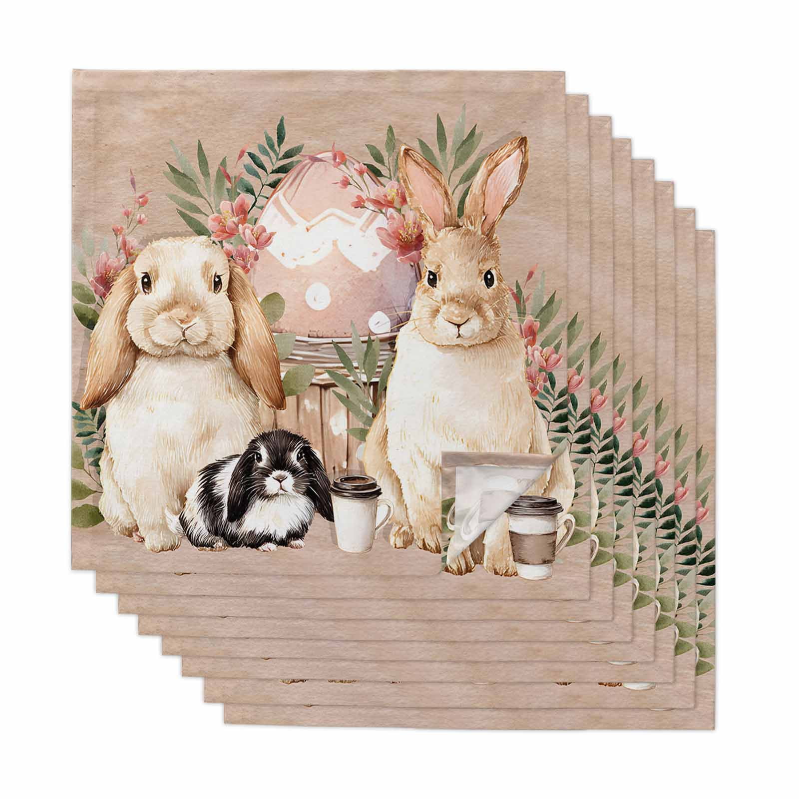 Easter Bunny Cloth Napkins, Eggs Green Leaves Rustic Flowers Cups Vintage Washable and Reusable Dinner Napkins Set of 8, Table Napkin for Kitchen Party Birthday Wedding Hotel Housewarming 20"x20"