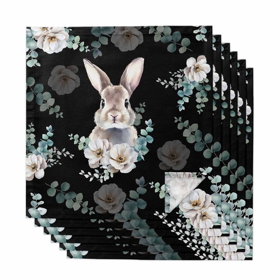 Easter Bunny Cloth Napkins, Green Eucalyptus Leaves Spring Flowers Black Washable and Reusable Dinner Napkins Set of 6, Table Napkin for Kitchen Party Birthday Wedding Hotel Housewarming 20"x20"
