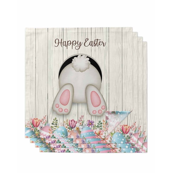 Easter Bunny Cloth Napkins Set of 4 Reusable Dinner Napkins, Colorful Eggs Cute Rabbit Grey Country Wooden Cocktail Napkin Washable Table Napkins for Wedding/Holiday Party/Baby Shower 20"x20"