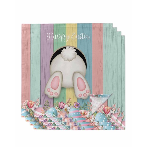 Easter Bunny Cloth Napkins Set of 4 Reusable Dinner Napkins, Cute Rabbit Eggs Flowers Colorful Wood Plank Cocktail Napkin Washable Table Napkins for Wedding/Holiday Party/Baby Shower 20"x20"