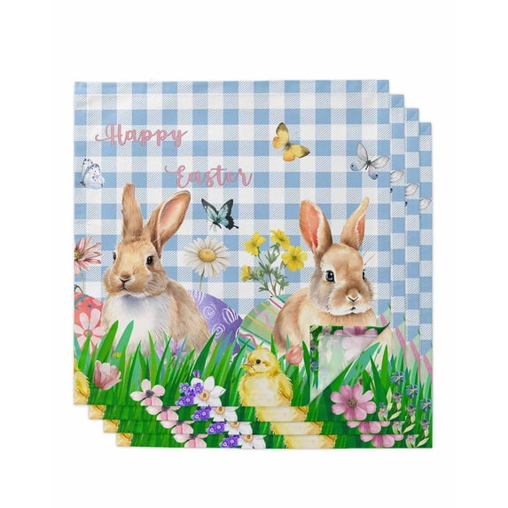 Easter Bunny Cloth Napkins Set of 4 Reusable Dinner Napkins, Spring Easter Eggs Floral Blue Plaid Cocktail Napkin Washable Table Napkins for Wedding/Holiday Party/Baby Shower 20"x20"