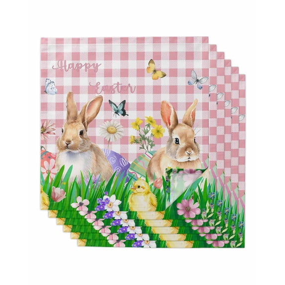 Easter Bunny Cloth Napkins Set of 6 Reusable Dinner Napkins, Spring Easter Eggs Floral Pink Plaid Cocktail Napkin Washable Table Napkins for Wedding/Holiday Party/Baby Shower 20"x20"