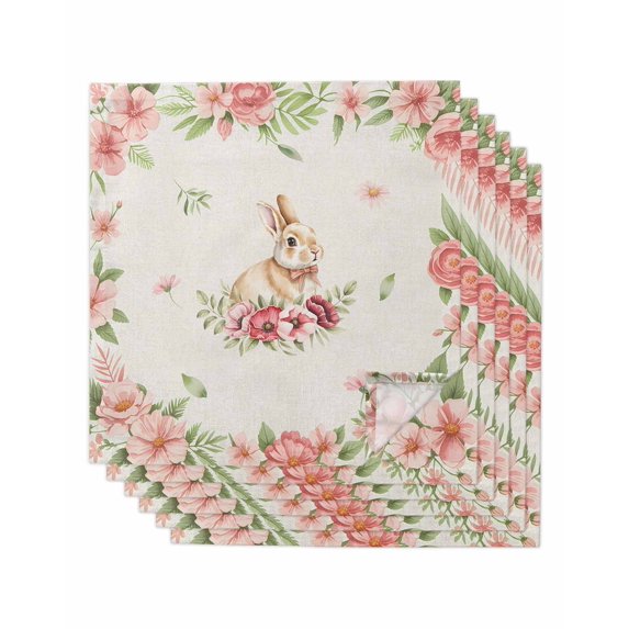 Easter Bunny Cloth Napkins Set of 6 Reusable Dinner Napkins, Spring Watercolor Pink Flower on Linen Cocktail Napkin Washable Table Napkins for Wedding/Holiday Party/Baby Shower 20"x20"