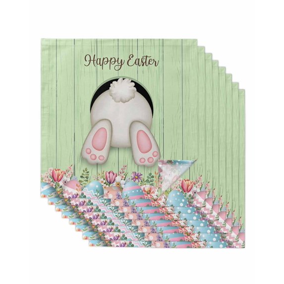 Easter Bunny Cloth Napkins Set of 8 Reusable Dinner Napkins, Colorful Eggs Cute Rabbit Green Country Wooden Cocktail Napkin Washable Table Napkins for Wedding/Holiday Party/Baby Shower 20"x20"