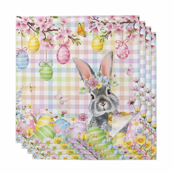 Easter Bunny Cloth Napkins, Spring Colorful Eggs Flower Branch Plaid Washable and Reusable Dinner Napkins Set of 4, Table Napkin for Kitchen Party Birthday Wedding Hotel Housewarming 20"x20"