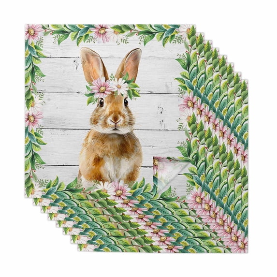 Easter Bunny Cloth Napkins, Spring Daisy Botanical Leaves Gray Wooden Washable and Reusable Dinner Napkins Set of 8, Table Napkin for Kitchen Party Birthday Wedding Hotel Housewarming 20"x20"