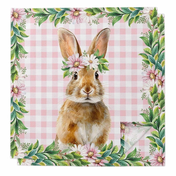 Easter Bunny Cloth Napkins, Spring Daisy Botanical Leaves Pink Plaid Washable and Reusable Dinner Napkins Set of 2, Table Napkin for Kitchen Party Birthday Wedding Hotel Housewarming 20"x20"