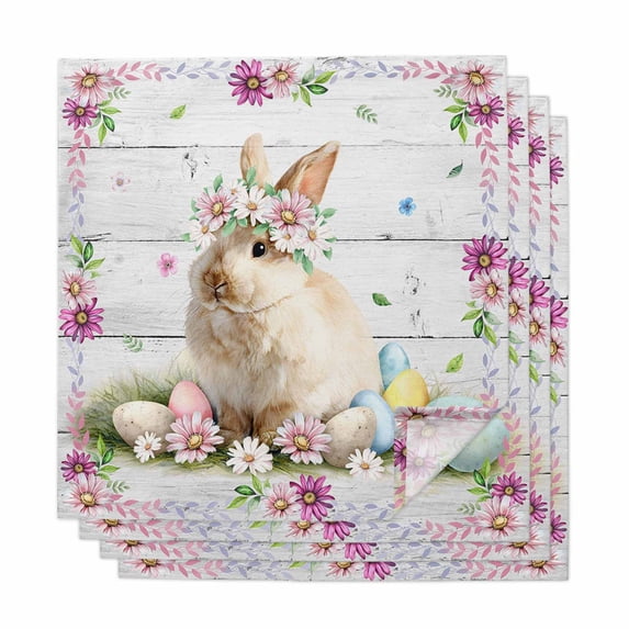 Easter Bunny Cloth Napkins, Spring Daisy Flower Colorful Eggs White Wooden Washable and Reusable Dinner Napkins Set of 4, Table Napkin for Kitchen Party Birthday Wedding Hotel Housewarming 20"x20"