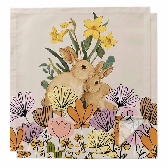 Easter Bunny Cloth Napkins, Spring Floral Vintage Botanical Rabbits Beige Washable and Reusable Dinner Napkins Set of 2, Table Napkin for Kitchen Party Birthday Wedding Hotel Housewarming 20"x20"