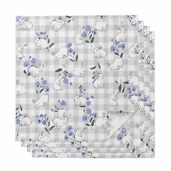 Easter Bunny Cloth Napkins, Spring Purple Flower Rustic Farmhouse Grey Plaid Washable and Reusable Dinner Napkins Set of 4, Table Napkin for Kitchen Party Birthday Wedding Hotel Housewarming 20"x20"
