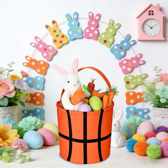 Easter Bunny Cloth Storage Bucket, 13.78x9.84in Kids Portable Collapsible Basket, Black Fabric Easter Egg Hunt Bucket for Candies Snacks, Holiday Gift & Daily Storage