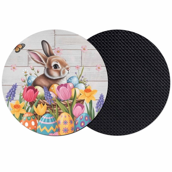 Easter Bunny Coasters Set of 2, Absorbent Coasters for Drinks, Colorful Eggs Spring Tulips Flower Grey Wooden Coaster for Desk Coffee Table Protection, Home Decor House Warming Gifts 4"