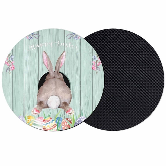 Easter Bunny Coasters Set of 2, Absorbent Coasters for Drinks, Eggs Cute Rabbit Green Wooden Plank Country Coaster for Desk Coffee Table Protection, Home Decor House Warming Gifts 4"