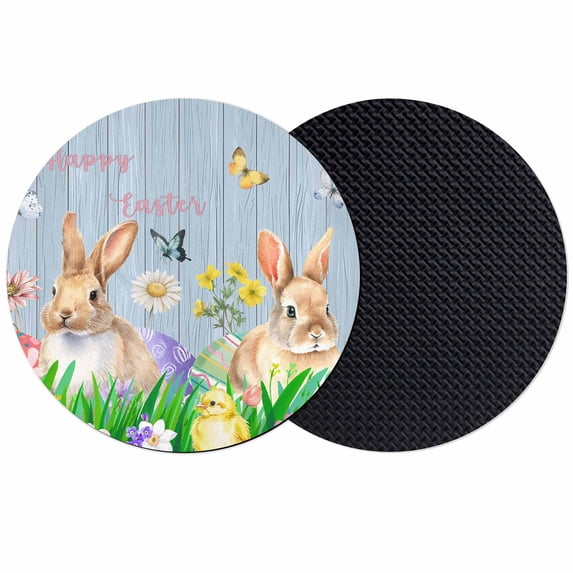 Easter Bunny Coasters Set of 2, Absorbent Coasters for Drinks, Spring Easter Eggs Chicken Blue Wood Coaster for Desk Coffee Table Protection, Home Decor House Warming Gifts 4"