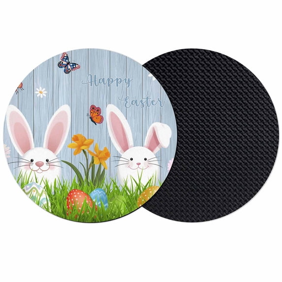 Easter Bunny Coasters Set of 2, Absorbent Coasters for Drinks, Spring Easter Eggs Floral Blue Woodn Coaster for Desk Coffee Table Protection, Home Decor House Warming Gifts 4"