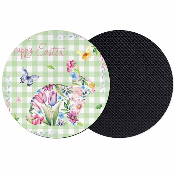 Easter Bunny Coasters Set of 2, Absorbent Coasters for Drinks, Spring Flower Daisy Tulips Green Checkered Coaster for Desk Coffee Table Protection, Home Decor House Warming Gifts 4"