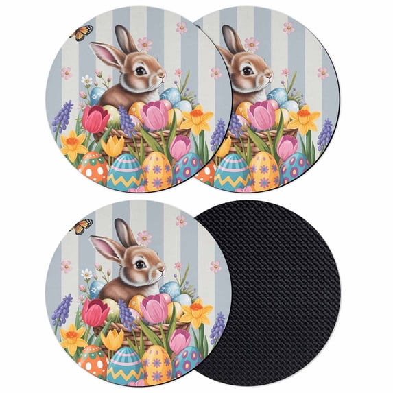 Easter Bunny Coasters Set of 4, Absorbent Coasters for Drinks, Colorful Eggs Spring Tulips Flower Blue Stripes Coaster for Desk Coffee Table Protection, Home Decor House Warming Gifts 4"