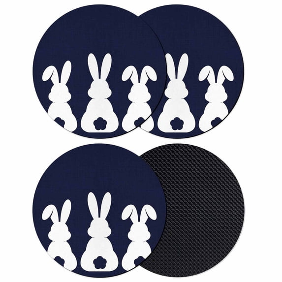 Easter Bunny Coasters Set of 4, Absorbent Coasters for Drinks, Cute Rabbit Family Vintage Navy Blue Abstract Coaster for Desk Coffee Table Protection, Home Decor House Warming Gifts 4"