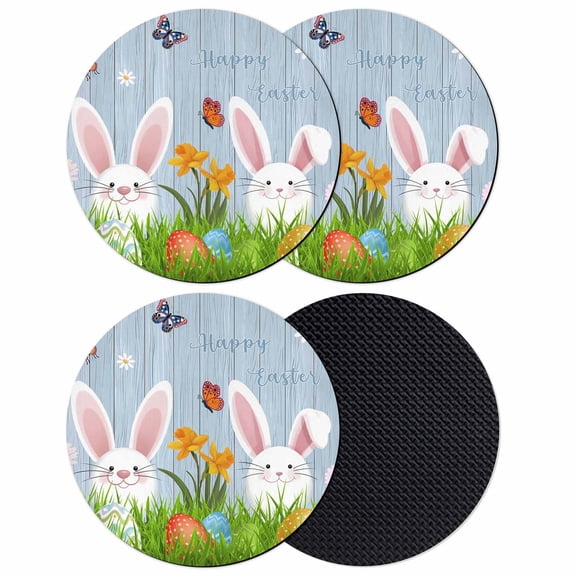Easter Bunny Coasters Set of 4, Absorbent Coasters for Drinks, Spring Easter Eggs Floral Blue Woodn Coaster for Desk Coffee Table Protection, Home Decor House Warming Gifts 4"