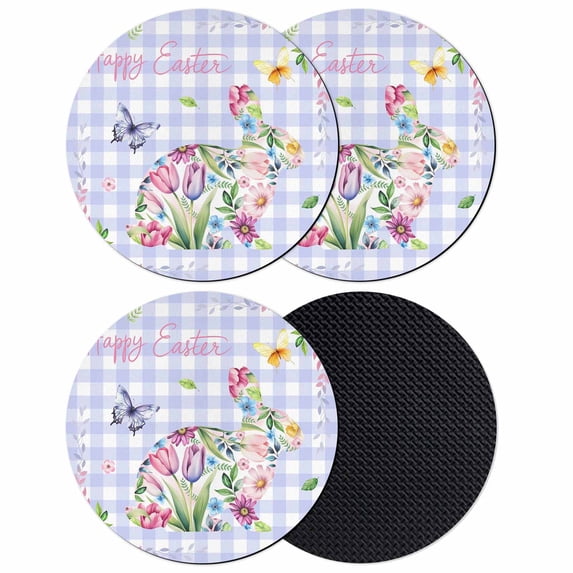 Easter Bunny Coasters Set of 4, Absorbent Coasters for Drinks, Spring Flower Daisy Tulips Purple Plaid Coaster for Desk Coffee Table Protection, Home Decor House Warming Gifts 4"