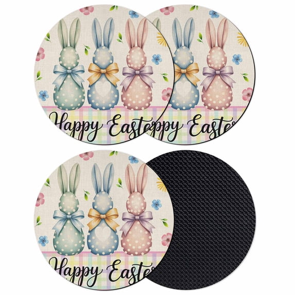 Easter Bunny Coasters Set of 4, Absorbent Coasters for Drinks, Spring Watercolor Polka Dot Flower Plaid Beige Coaster for Desk Coffee Table Protection, Home Decor House Warming Gifts 4"
