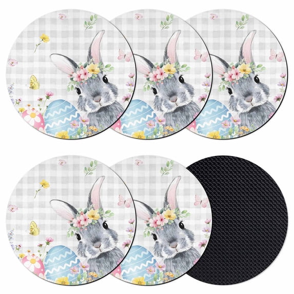 Easter Bunny Coasters Set of 6, Absorbent Coasters for Drinks, Blue Easter Eggs Spring Floral Grey Plaid Coaster for Desk Coffee Table Protection, Home Decor House Warming Gifts 4"
