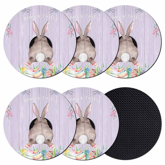 Easter Bunny Coasters Set of 6, Absorbent Coasters for Drinks, Colorful Eggs Cute Rabbit Purple Wooden Plank Coaster for Desk Coffee Table Protection, Home Decor House Warming Gifts 4"