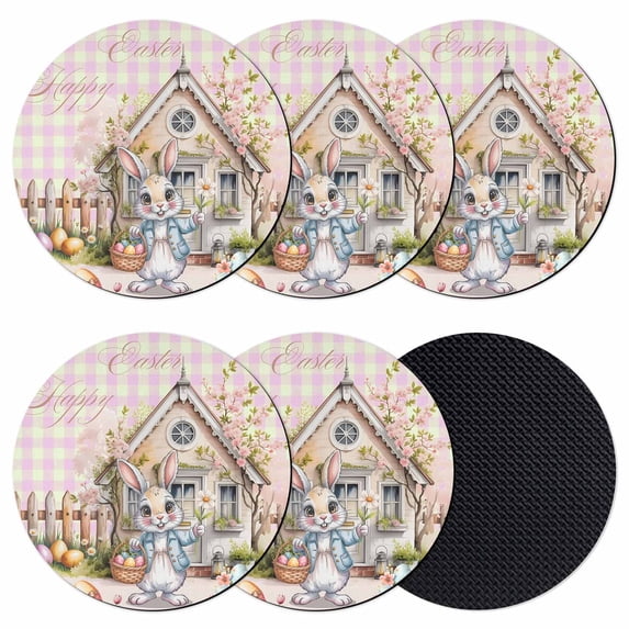 Easter Bunny Coasters Set of 6, Absorbent Coasters for Drinks, Colorful Eggs Spring Flowers Pastoral Pink Plaid Coaster for Desk Coffee Table Protection, Home Decor House Warming Gifts 4"