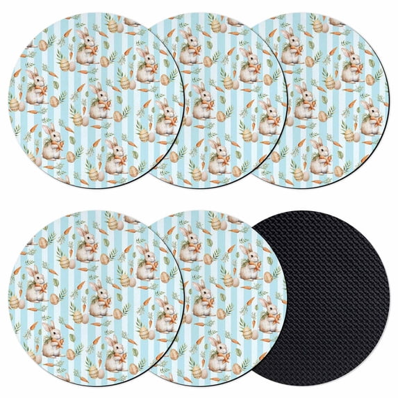 Easter Bunny Coasters Set of 6, Absorbent Coasters for Drinks, Spring Easter Eggs Botanical Blue Striped Coaster for Desk Coffee Table Protection, Home Decor House Warming Gifts 4"