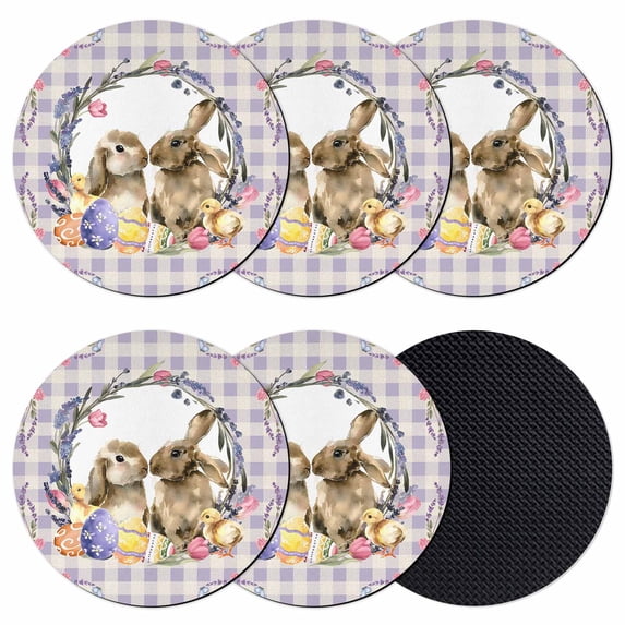 Easter Bunny Coasters Set of 6, Absorbent Coasters for Drinks, Spring Easter Eggs Chick Floral Purple Check Coaster for Desk Coffee Table Protection, Home Decor House Warming Gifts 4"