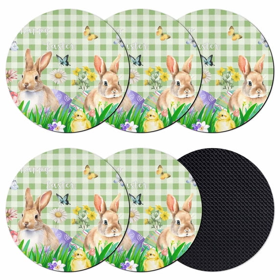 Easter Bunny Coasters Set of 6, Absorbent Coasters for Drinks, Spring Easter Eggs Chicken Sage Green Plaid Coaster for Desk Coffee Table Protection, Home Decor House Warming Gifts 4"