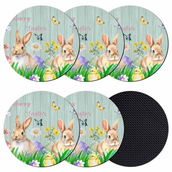 Easter Bunny Coasters Set of 6, Absorbent Coasters for Drinks, Spring Easter Eggs Floral Teal Wood Coaster for Desk Coffee Table Protection, Home Decor House Warming Gifts 4"