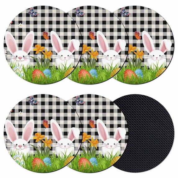 Easter Bunny Coasters Set of 6, Absorbent Coasters for Drinks, Spring Easter Eggs Floral White Black Plaid Coaster for Desk Coffee Table Protection, Home Decor House Warming Gifts 4"