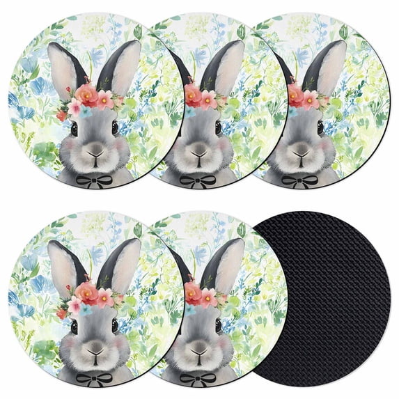 Easter Bunny Coasters Set of 6, Absorbent Coasters for Drinks, Spring Flowers Green Leaves Pastoral Plants Coaster for Desk Coffee Table Protection, Home Decor House Warming Gifts 4"