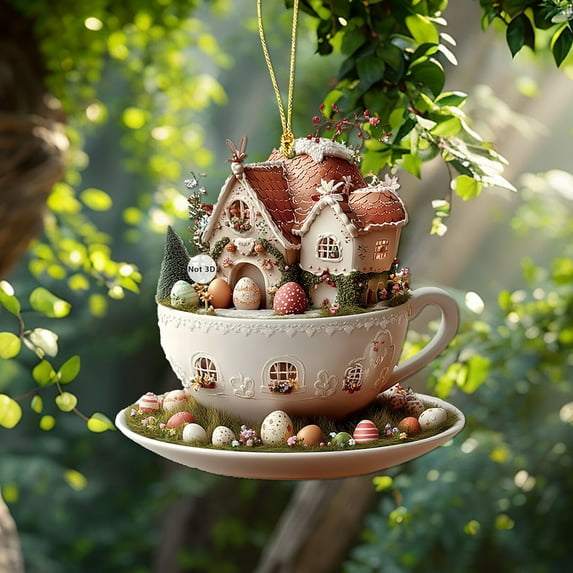 Easter Bunny Coffee Cup House Acrylic Pendant Car Rearview Mirror Accessory Keychain Backpack Charm Holiday Decor Gift Color: B