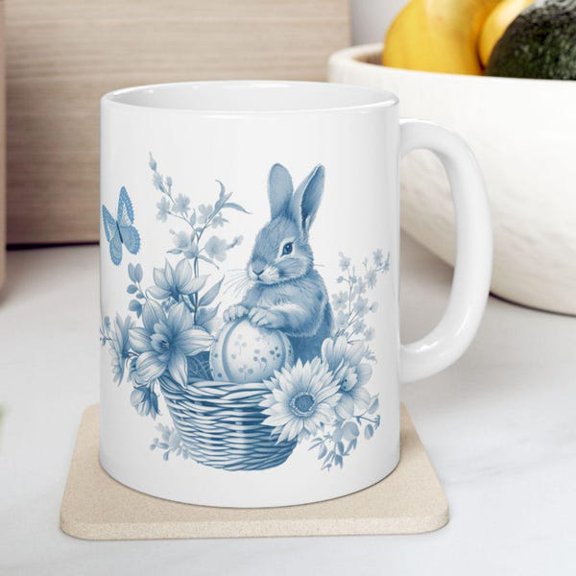 Easter Bunny Coffee Mug Blue Floral Spring Rabbit Design 11oz Ceramic Cup for Tea, Cocoa, and Hot Drinks Cute Seasonal Kitchen Decor, Unique Gift for Easter Basket, Coffee Lovers & Springtime