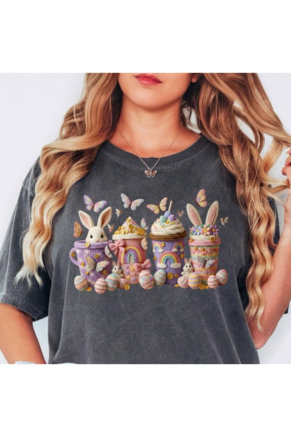 Easter Bunny Coffee Shirt Cute Easter Coffee Cups Tee Pastel Bunny Egg Design Spring Easte