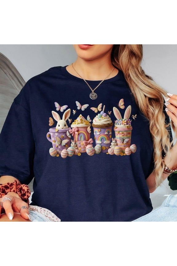 Easter Bunny Coffee T Shirt Cute Easter Coffee Cups Tee Pastel Bunny Egg Design Shirt Spri
