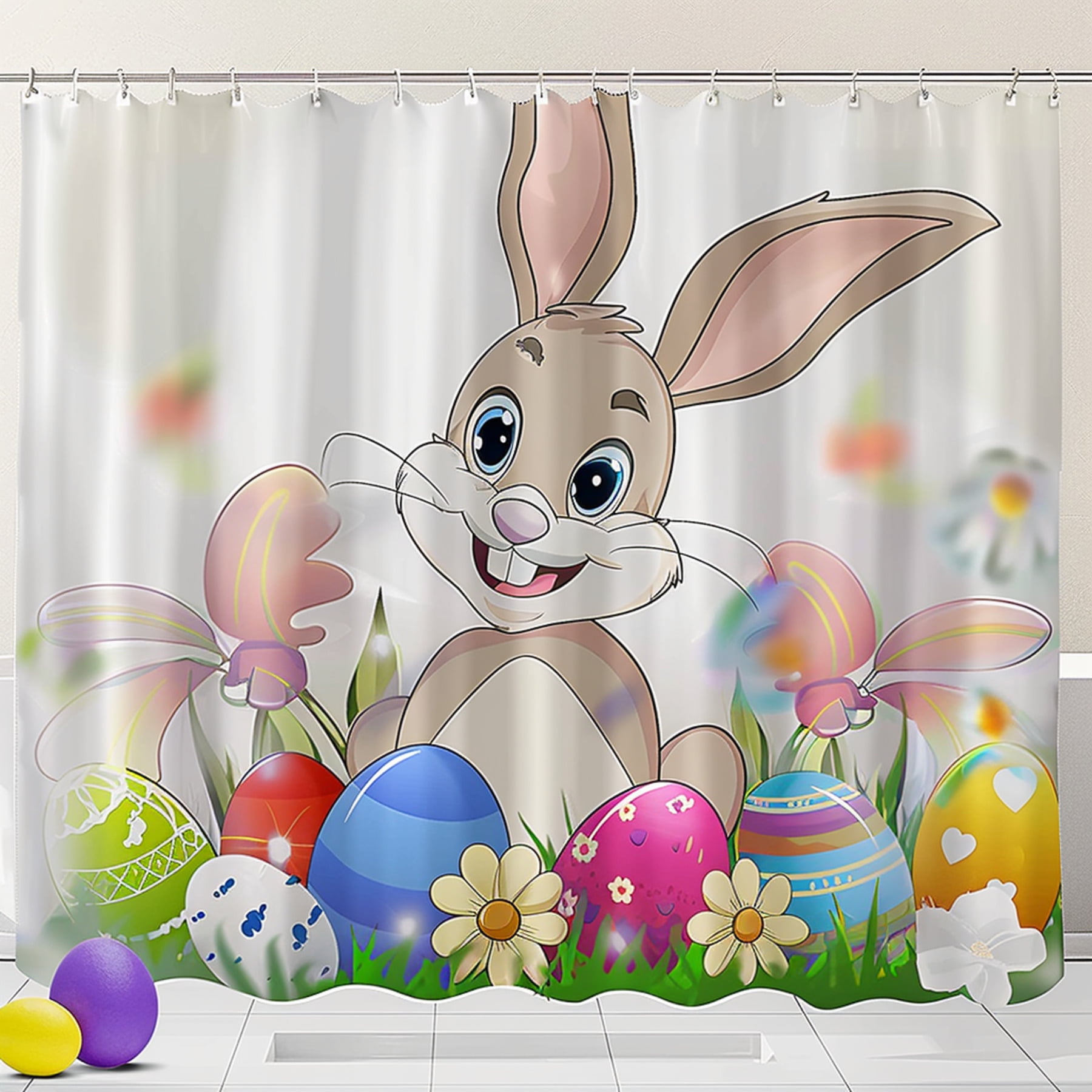 Easter Bunny and Colorful Eggs Shower Curtain Cartoon Design for