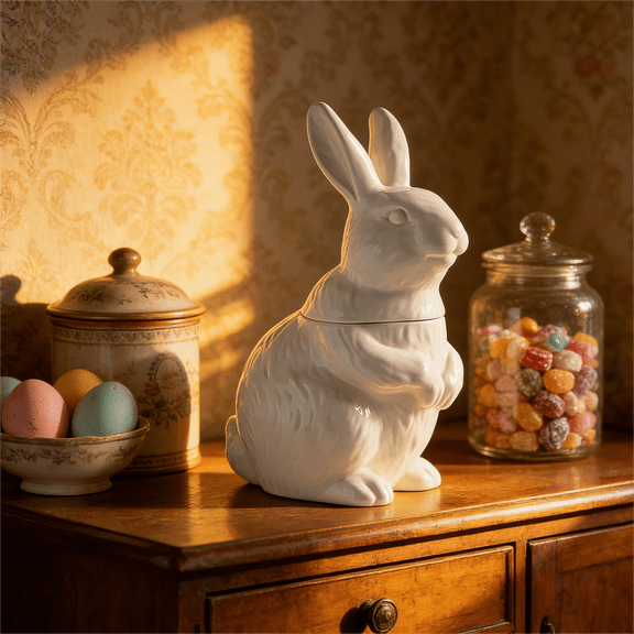 Easter Bunny Cookie Jar, Easter Decorations Modern Farmhouse Resin Rabbit Treat Jar for Spring Kitchen Decor, Holiday Tabletop Ornament, Rustic Home Decoration, 12inch