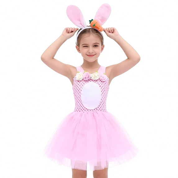 Easter Bunny Kids Sleeveless Tutu Tulle Dresses and Headband Set Dress up Performance Dancewear Girl Clothes 6-7 Years