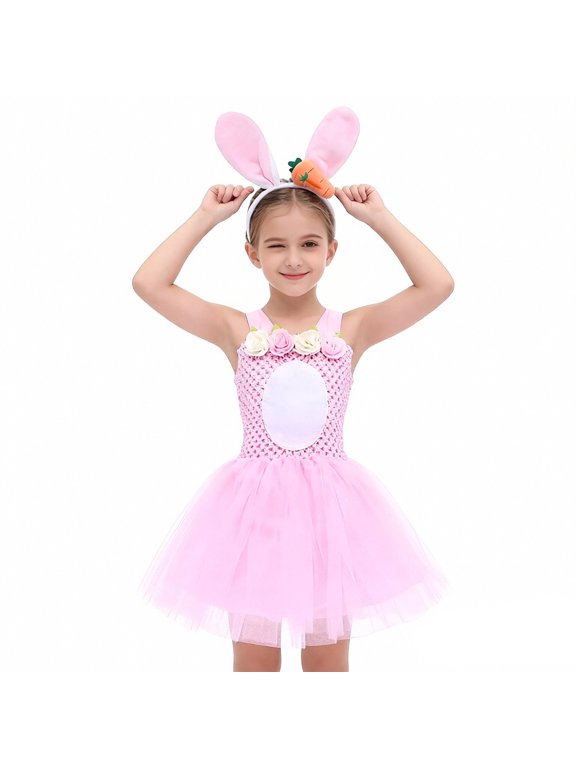 Easter Bunny Kids Sleeveless Tutu Tulle Dresses and Headband Set Dress up Performance Dancewear Girl Clothes 6-7 Years