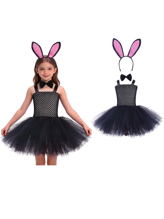 Easter Bunny Kids Sleeveless Tutu Tulle Dresses and Headband Set Dress up Performance Dancewear Girl Outfits Size 4-5 Years